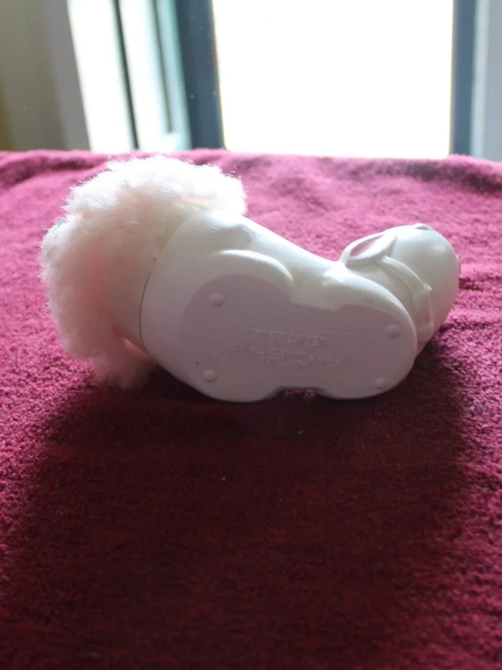 Vintage 1970s Avon Bunny Fluffpuff, white plastic rabbit body & pink fluffy tail